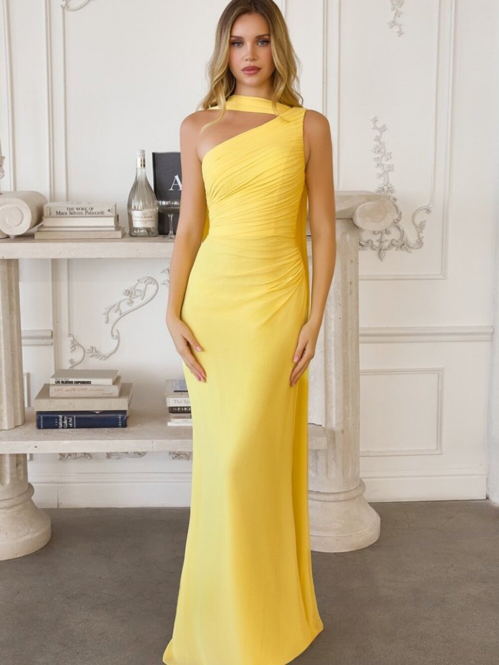 New LT Yellow Bridesmaid Gown w/Functional Shoulder Cape & Side Zip CD T730